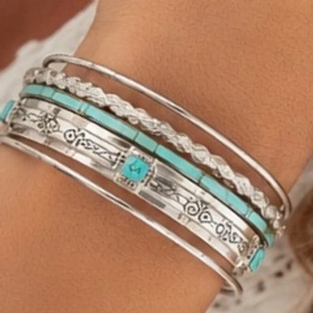 Silver & Turquoise Tone Bangle Bracelet Stack 6 Set Bohemian Southwestern Style